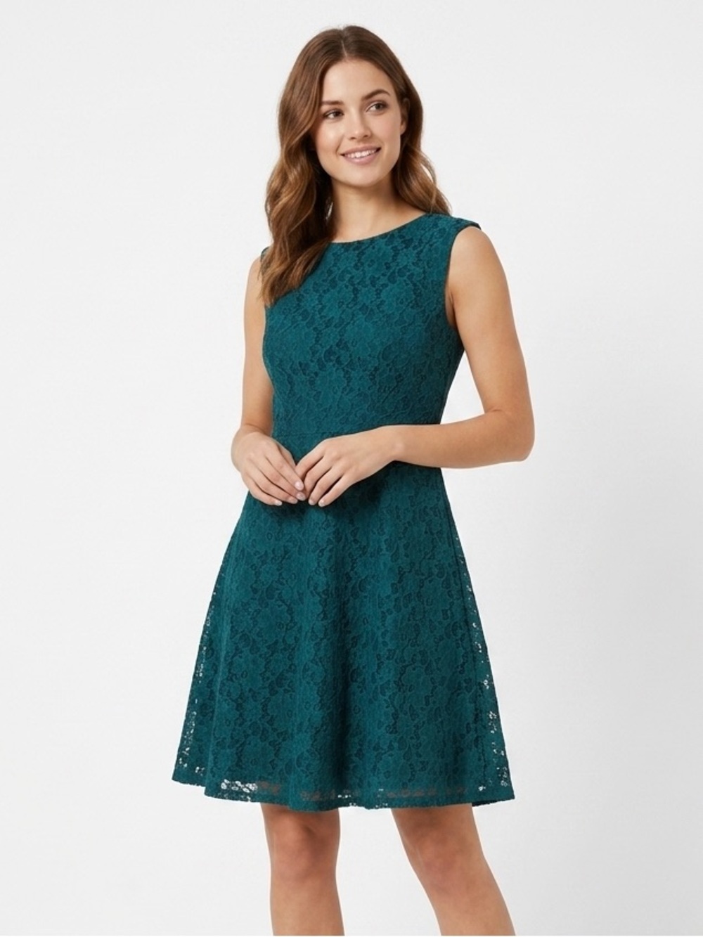 [French Connection] Green Lace Fit & Flare Dress
